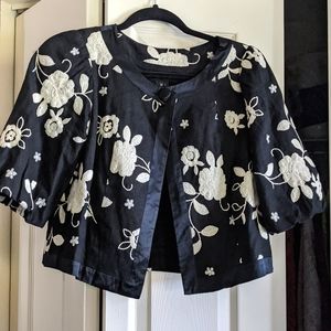 Karen Kane Black Jacket  w/ off white Embroidered Flowers Trimmed with Satin